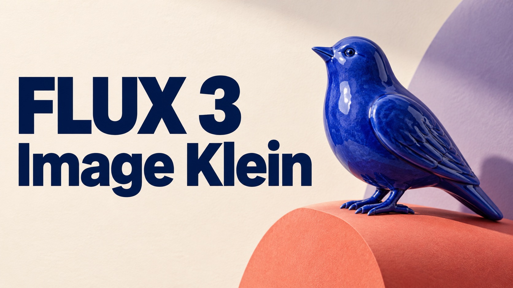 Affiche avec le titre « FLUX 3 Image Klein » en bleu marine à côté d’un oiseau en céramique bleu cobalt sur un arc corail