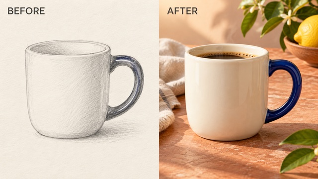Avant et après : le croquis au crayon d’une tasse devient la photo d’une tasse crème à anse bleue sur une table en terre cuite