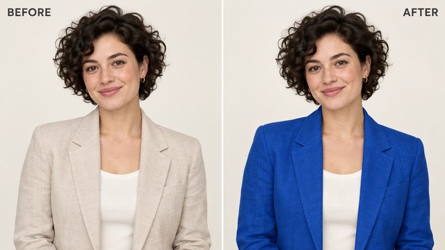 Avant et après : le blazer beige d’une femme devient bleu cobalt, avec la même pose, la même coiffure et le même fond