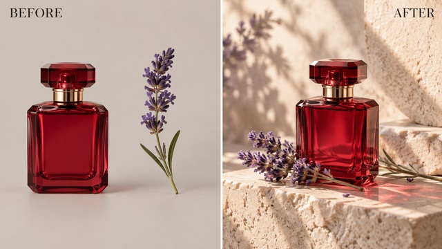 Avant et après : un flacon de parfum rouge passe d’un fond uni à un rebord en calcaire avec de la lavande sous la lumière de l’après-midi