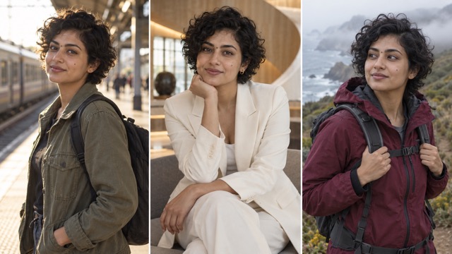 La même femme aux cheveux courts et bouclés dans trois décors : un quai de gare, le salon d’un hôtel en tailleur blanc et un sentier côtier