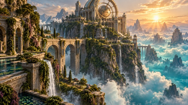 Une cité fantastique d’arches et de dômes en pierre sur des falaises au-dessus des nuages, avec des cascades et un lever de soleil derrière les montagnes